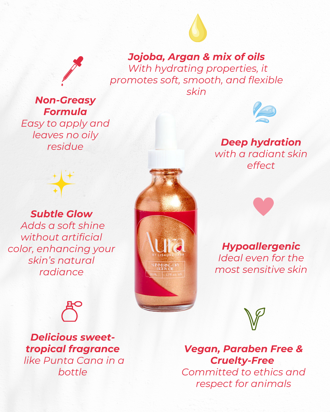 Aura Shimmering Dry Body Oil bottle with key benefits: hydrating formula, subtle glow, and tropical fragrance.